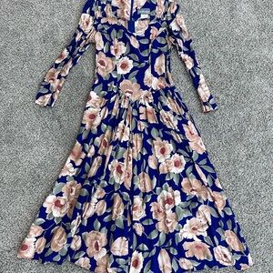 Vintage Carol Anderson Blue Colorful Floral Drop Waist Maxi Dress FS Size 5/6